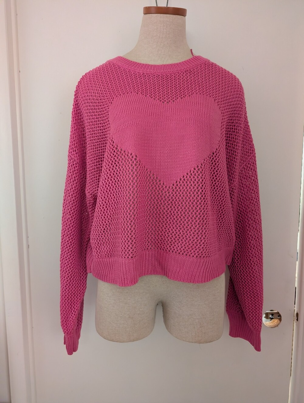 No Boundaries Hot Pink Open-Knit Heart Crew Sweater